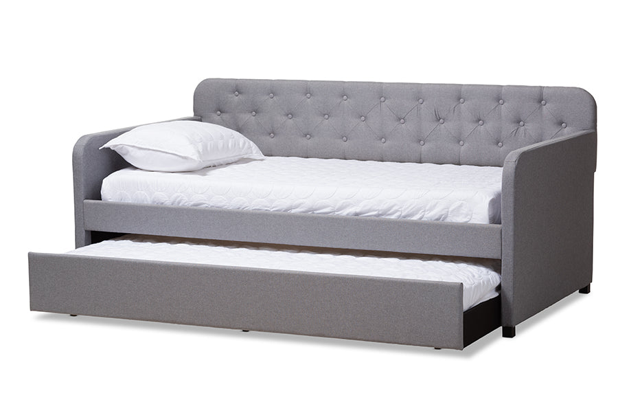 Baxton Studio Camelia Modern and Contemporary Grey Fabric Upholstered Button-Tufted Twin Size Sofa Daybed with Roll-Out Trundle Guest Bed