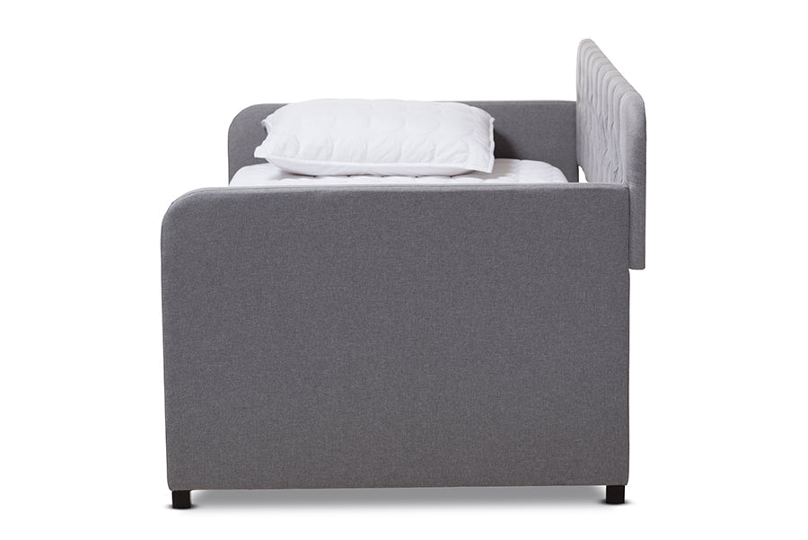 Baxton Studio Camelia Modern and Contemporary Grey Fabric Upholstered Button-Tufted Twin Size Sofa Daybed with Roll-Out Trundle Guest Bed