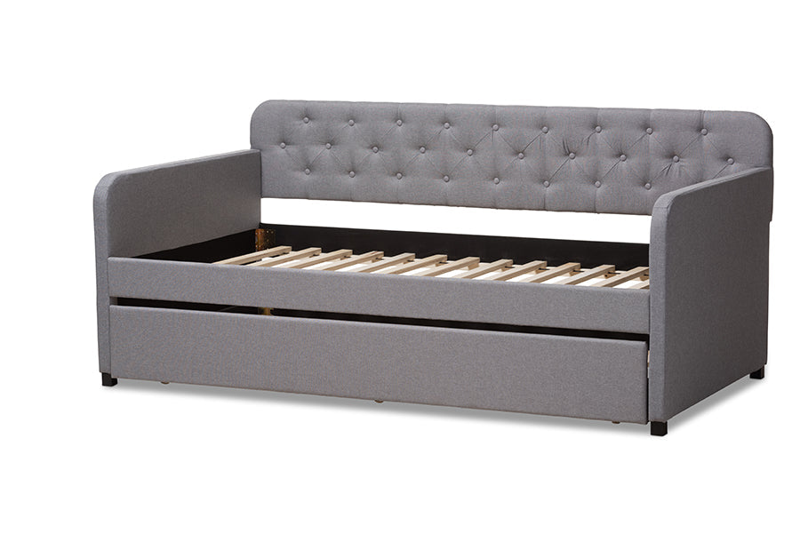 Baxton Studio Camelia Modern and Contemporary Grey Fabric Upholstered Button-Tufted Twin Size Sofa Daybed with Roll-Out Trundle Guest Bed