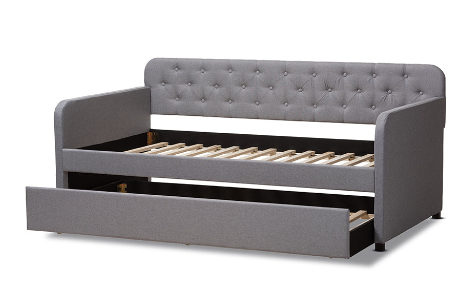 Baxton Studio Camelia Modern and Contemporary Grey Fabric Upholstered Button-Tufted Twin Size Sofa Daybed with Roll-Out Trundle Guest Bed