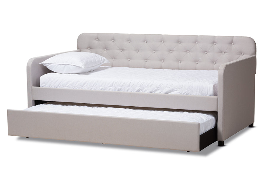 Baxton Studio Camelia Modern and Contemporary Beige Fabric Upholstered Button-Tufted Twin Size Sofa Daybed with Roll-Out Trundle Guest Bed