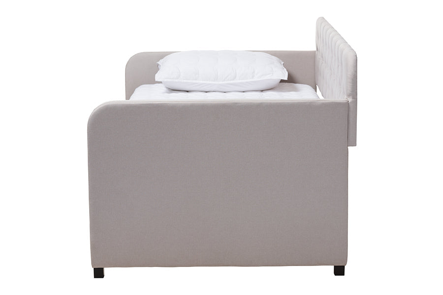 Baxton Studio Camelia Modern and Contemporary Beige Fabric Upholstered Button-Tufted Twin Size Sofa Daybed with Roll-Out Trundle Guest Bed