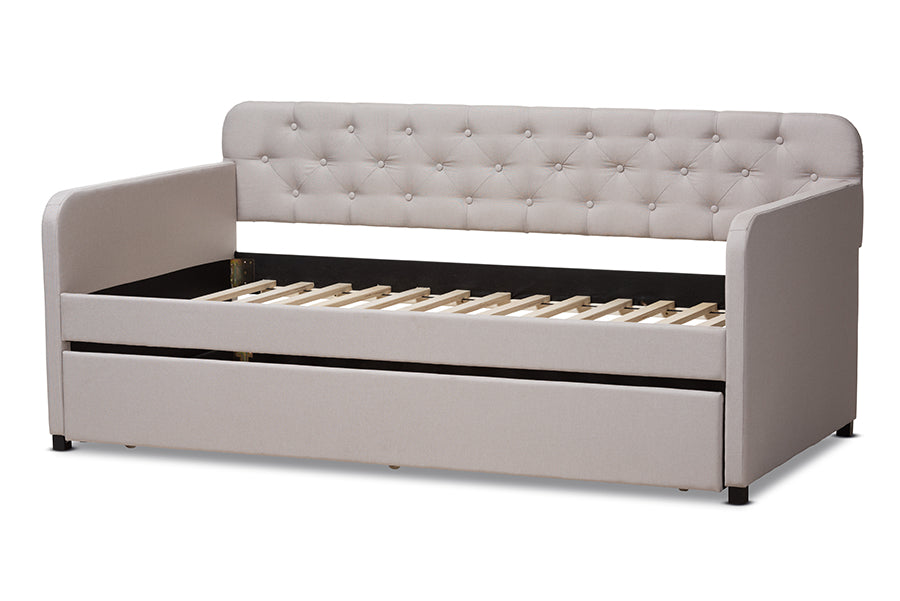 Baxton Studio Camelia Modern and Contemporary Beige Fabric Upholstered Button-Tufted Twin Size Sofa Daybed with Roll-Out Trundle Guest Bed