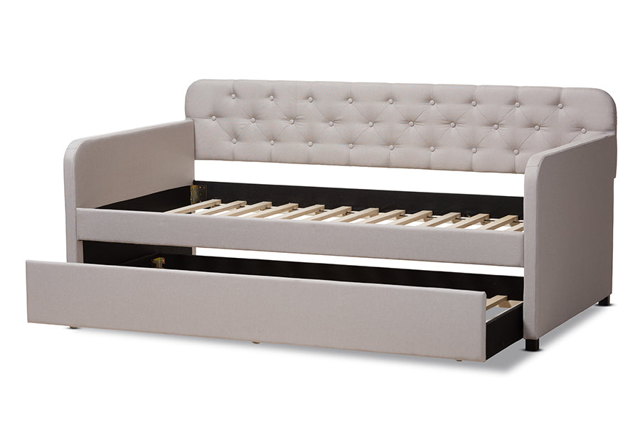 Baxton Studio Camelia Modern and Contemporary Beige Fabric Upholstered Button-Tufted Twin Size Sofa Daybed with Roll-Out Trundle Guest Bed