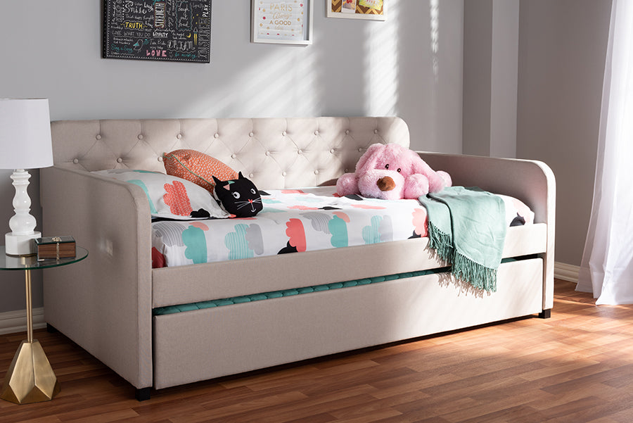Baxton Studio Camelia Modern and Contemporary Beige Fabric Upholstered Button-Tufted Twin Size Sofa Daybed with Roll-Out Trundle Guest Bed