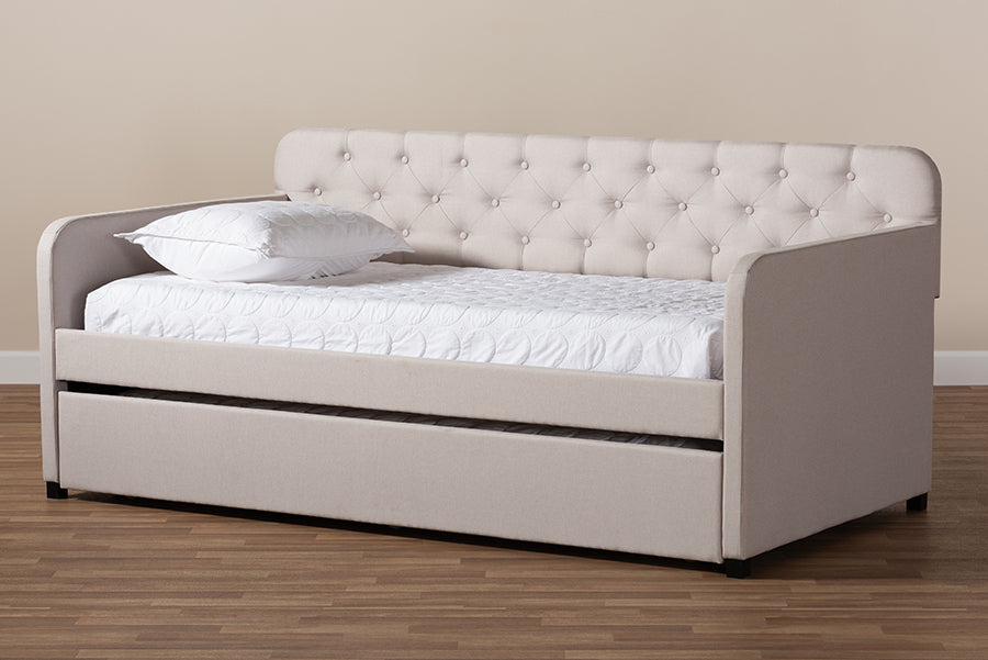 Baxton Studio Camelia Modern and Contemporary Beige Fabric Upholstered Button-Tufted Twin Size Sofa Daybed with Roll-Out Trundle Guest Bed