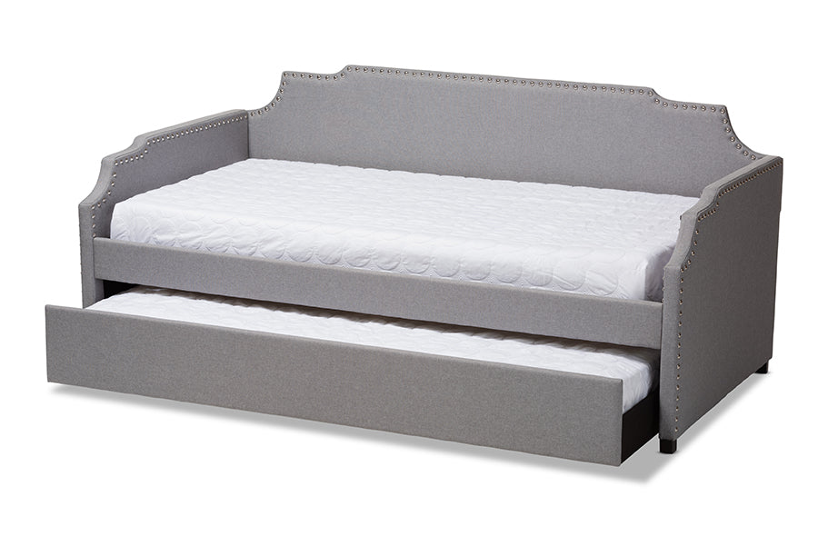 Baxton Studio Ally Modern and Contemporary Grey Fabric Upholstered Twin Size Sofa Daybed with Roll Out Trundle Guest Bed