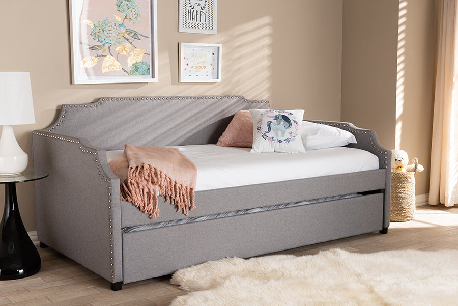 Baxton Studio Ally Modern and Contemporary Grey Fabric Upholstered Twin Size Sofa Daybed with Roll Out Trundle Guest Bed