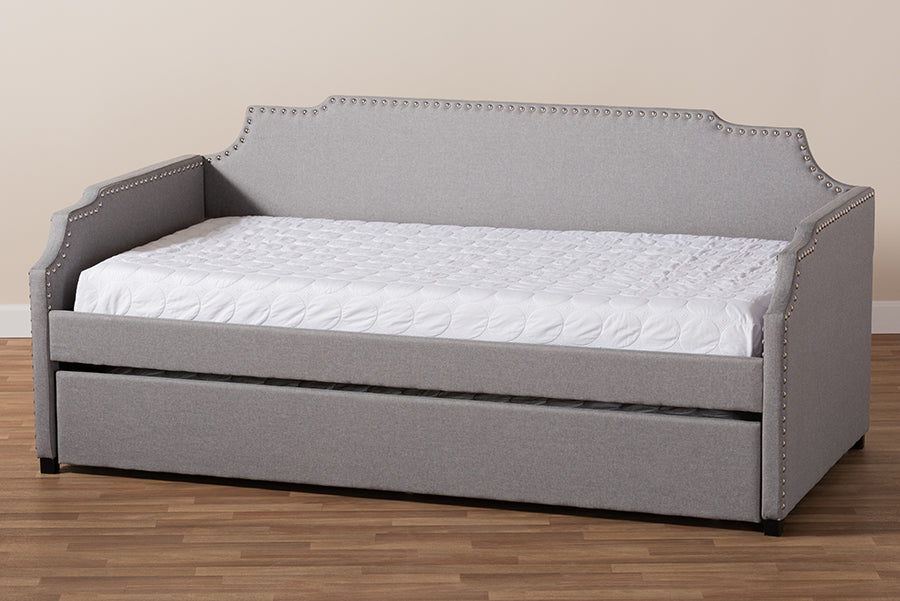Baxton Studio Ally Modern and Contemporary Grey Fabric Upholstered Twin Size Sofa Daybed with Roll Out Trundle Guest Bed