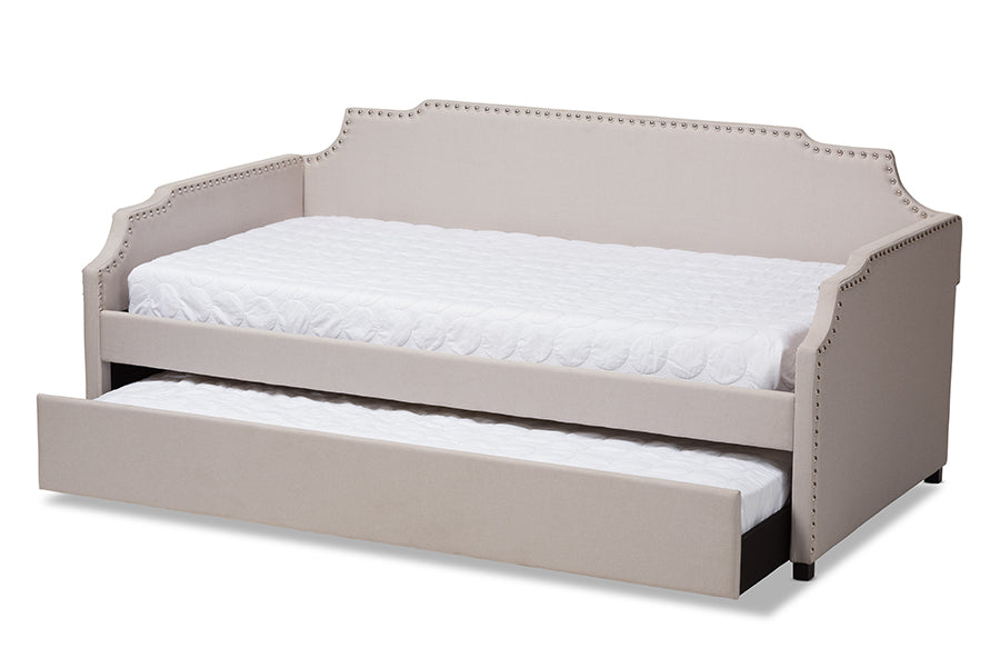 Baxton Studio Ally Modern and Contemporary Beige Fabric Upholstered Twin Size Sofa Daybed with Roll Out Trundle Guest Bed