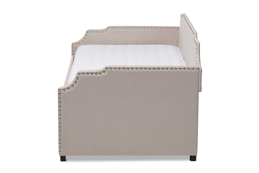Baxton Studio Ally Modern and Contemporary Beige Fabric Upholstered Twin Size Sofa Daybed with Roll Out Trundle Guest Bed