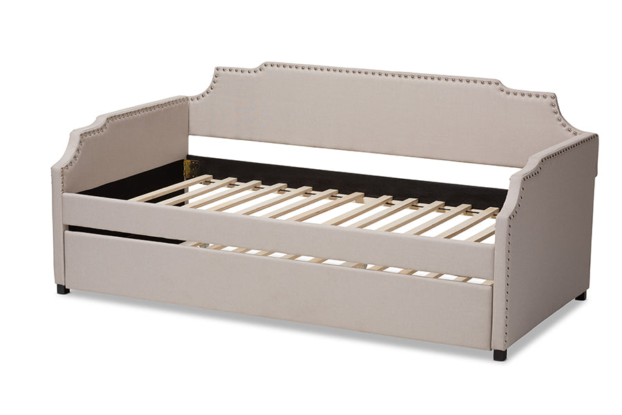 Baxton Studio Ally Modern and Contemporary Beige Fabric Upholstered Twin Size Sofa Daybed with Roll Out Trundle Guest Bed
