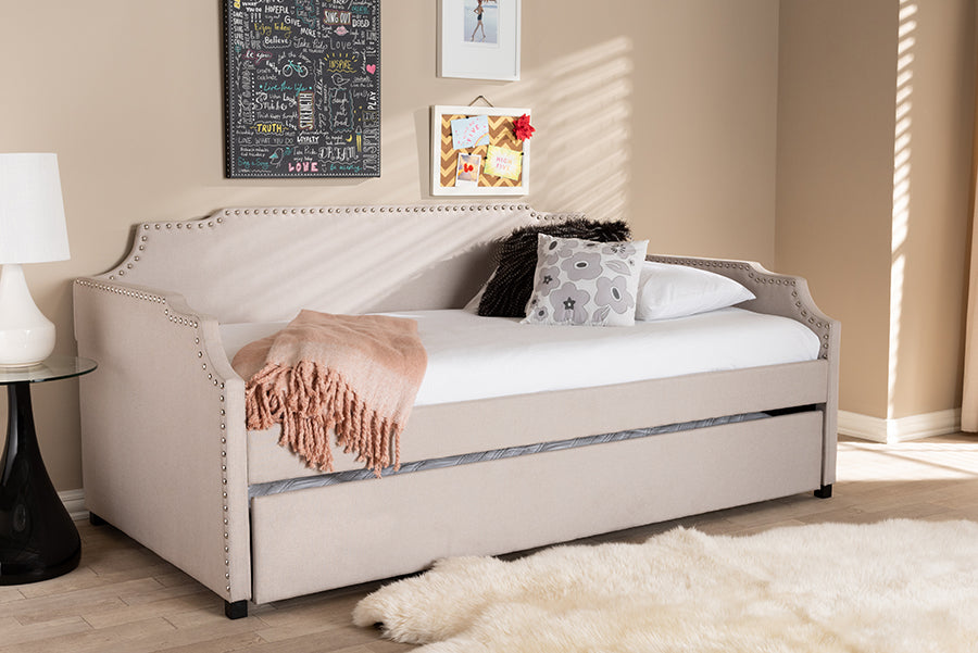 Baxton Studio Ally Modern and Contemporary Beige Fabric Upholstered Twin Size Sofa Daybed with Roll Out Trundle Guest Bed