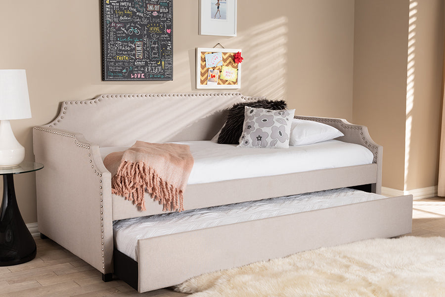 Baxton Studio Ally Modern and Contemporary Beige Fabric Upholstered Twin Size Sofa Daybed with Roll Out Trundle Guest Bed