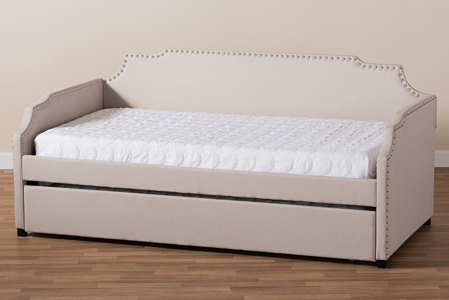 Baxton Studio Ally Modern and Contemporary Beige Fabric Upholstered Twin Size Sofa Daybed with Roll Out Trundle Guest Bed