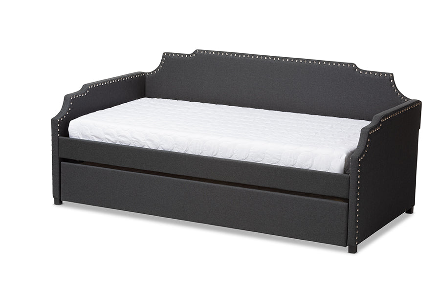 Baxton Studio Ally Modern and Contemporary Charcoal Fabric Upholstered Twin Size Sofa Daybed with Roll Out Trundle Guest Bed