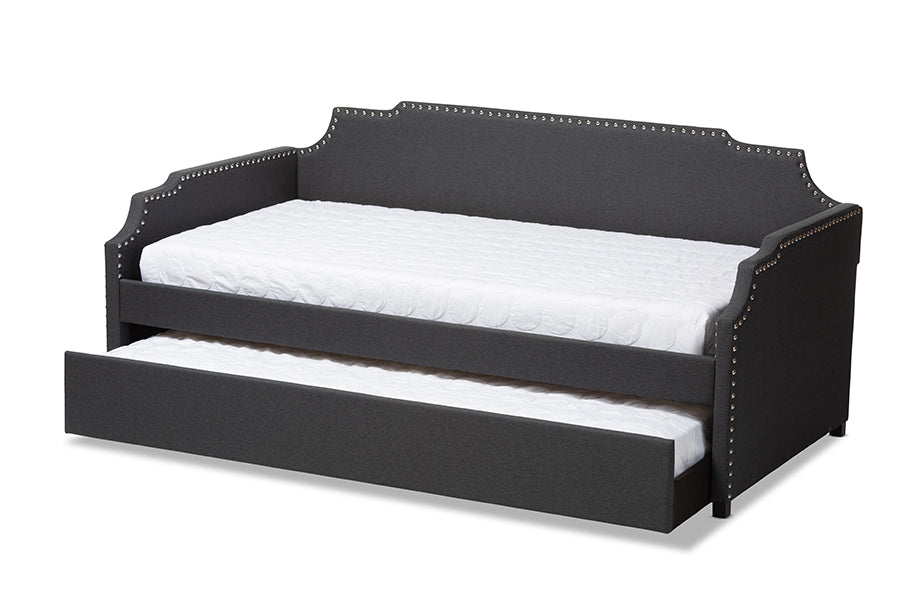Baxton Studio Ally Modern and Contemporary Charcoal Fabric Upholstered Twin Size Sofa Daybed with Roll Out Trundle Guest Bed