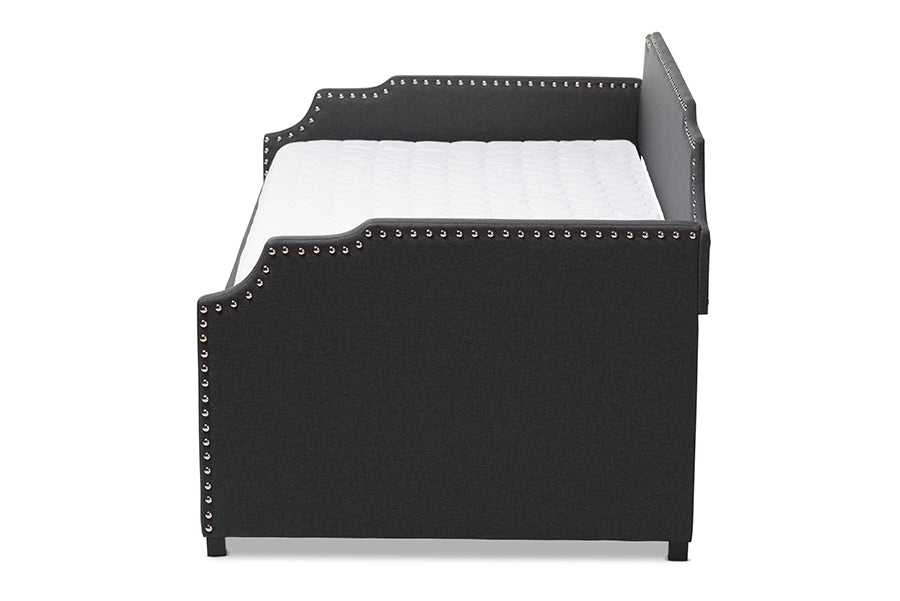 Baxton Studio Ally Modern and Contemporary Charcoal Fabric Upholstered Twin Size Sofa Daybed with Roll Out Trundle Guest Bed