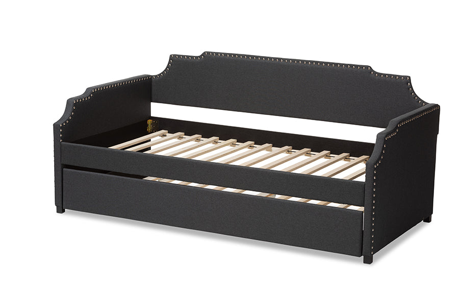Baxton Studio Ally Modern and Contemporary Charcoal Fabric Upholstered Twin Size Sofa Daybed with Roll Out Trundle Guest Bed