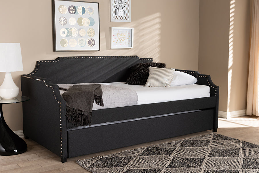 Baxton Studio Ally Modern and Contemporary Charcoal Fabric Upholstered Twin Size Sofa Daybed with Roll Out Trundle Guest Bed