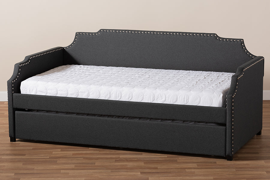 Baxton Studio Ally Modern and Contemporary Charcoal Fabric Upholstered Twin Size Sofa Daybed with Roll Out Trundle Guest Bed