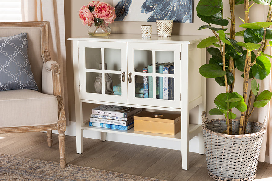 Baxton Studio Chauncey Classic and Traditional White Finished Wood and Glass 2-Door Kitchen Storage Cabinet
