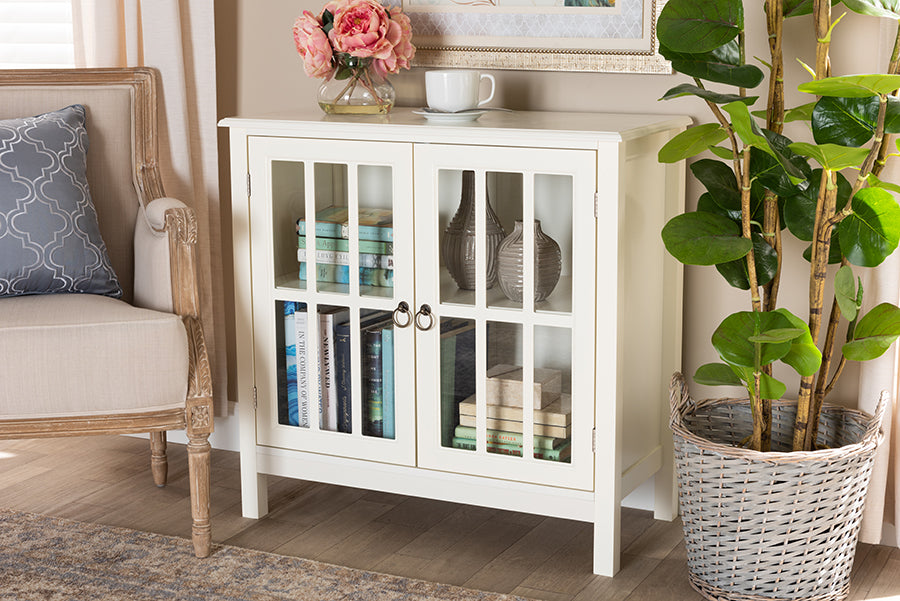Baxton Studio Kendall Classic and Traditional White Finished Wood and Glass Kitchen Storage Cabinet