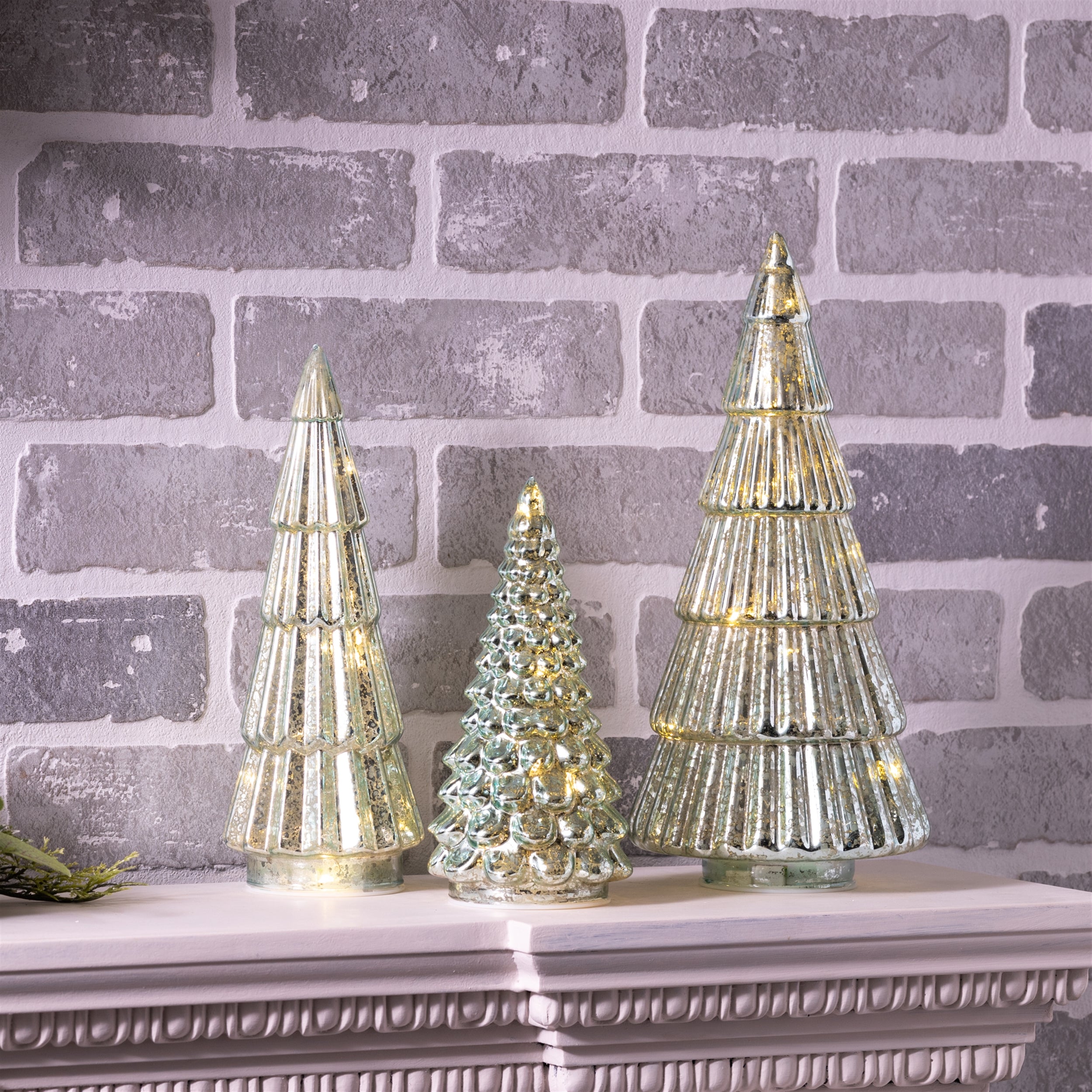 LED Green Mercury Glass Tree (Set of 3)