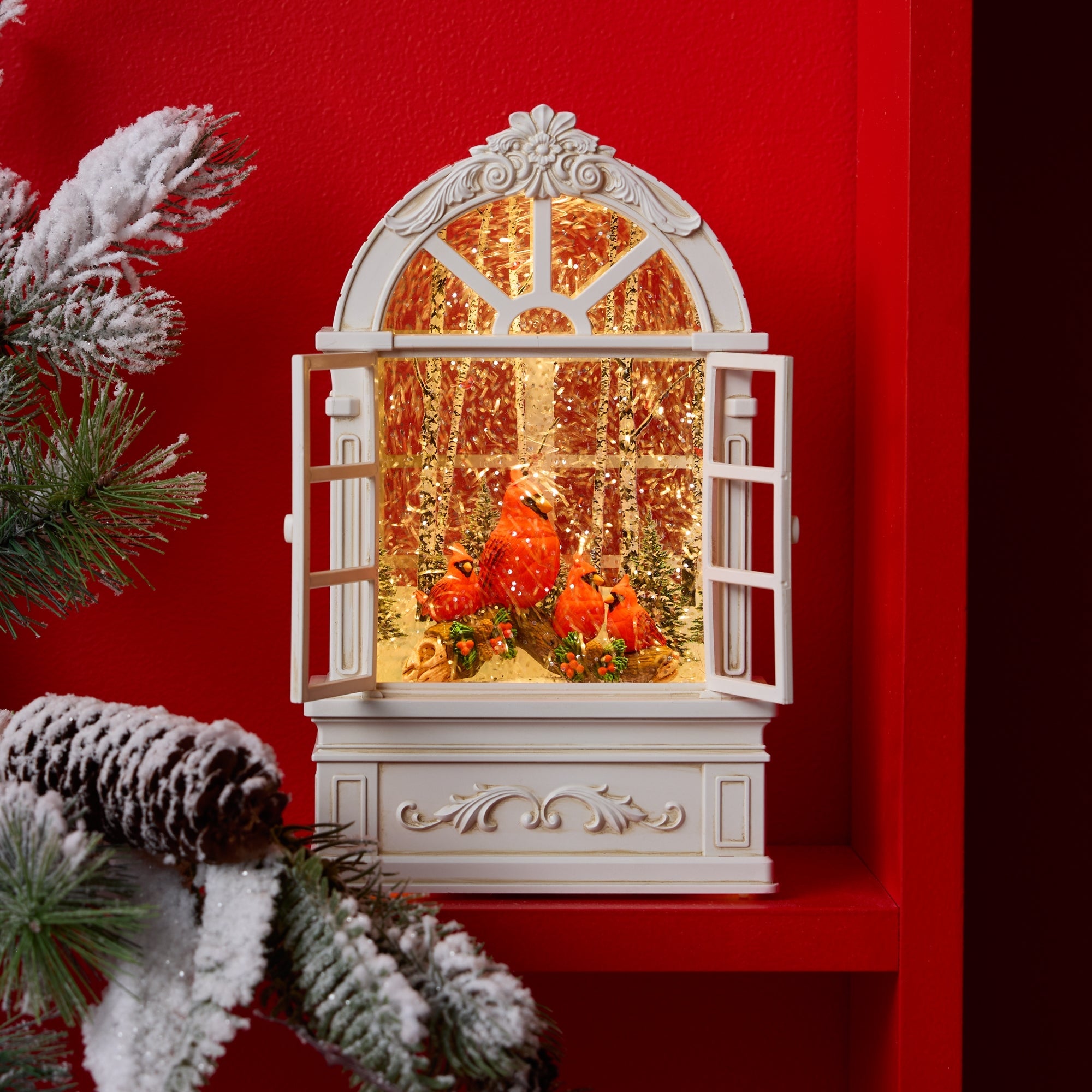 LED Snow Globe Window with Cardinal Family 9"H