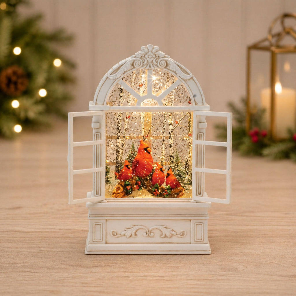 LED Snow Globe Window with Cardinal Family 9"H