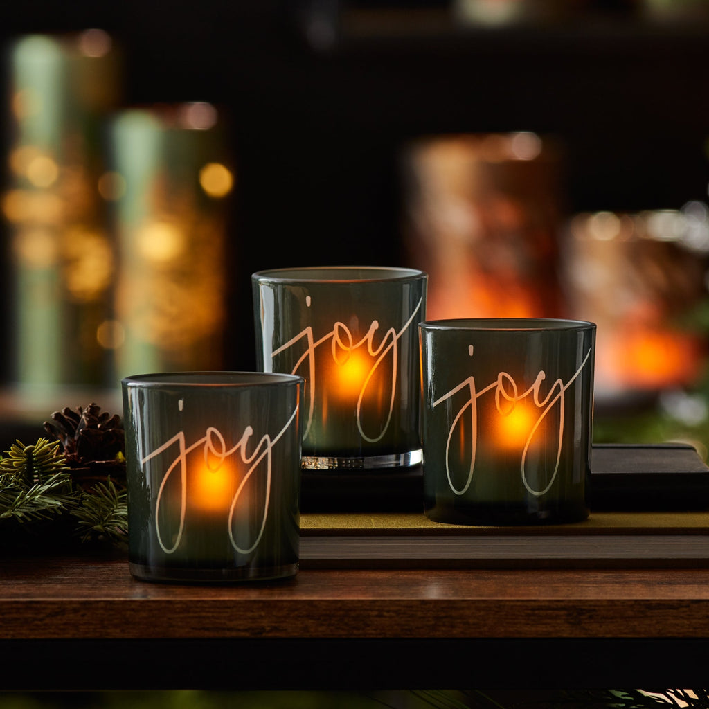 Green Glass Joy Candle Holder (Set of 3)