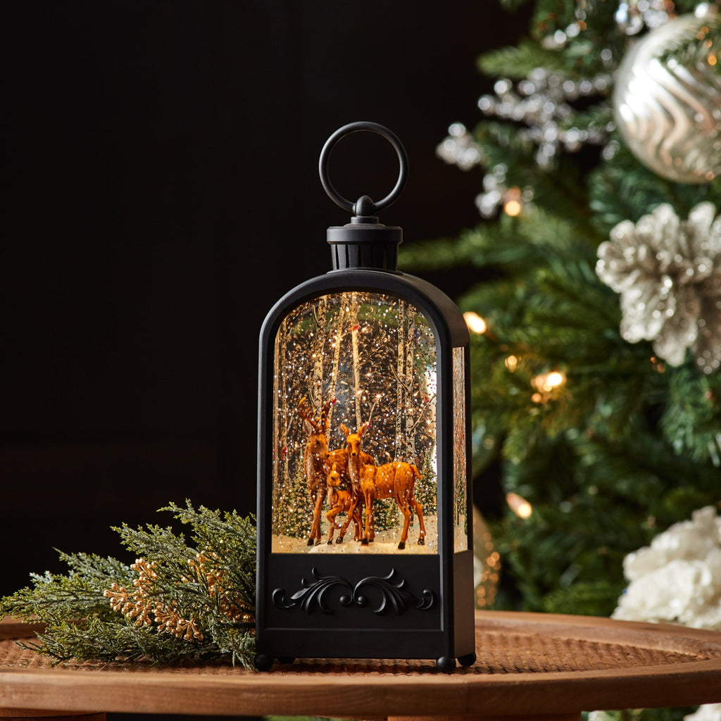 LED Snow Globe Lantern with Forest Deer 9.5"H