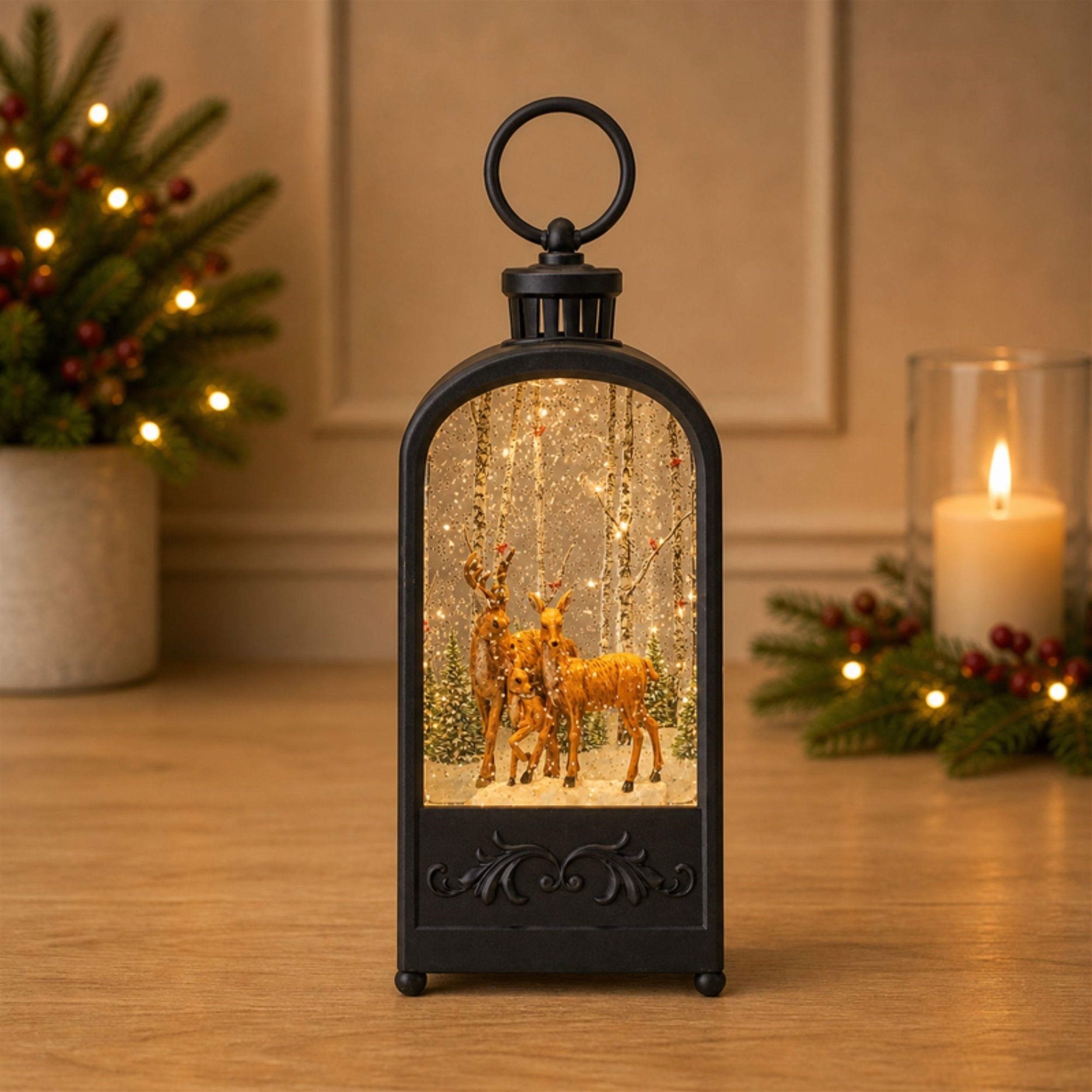 LED Snow Globe Lantern with Forest Deer 9.5"H