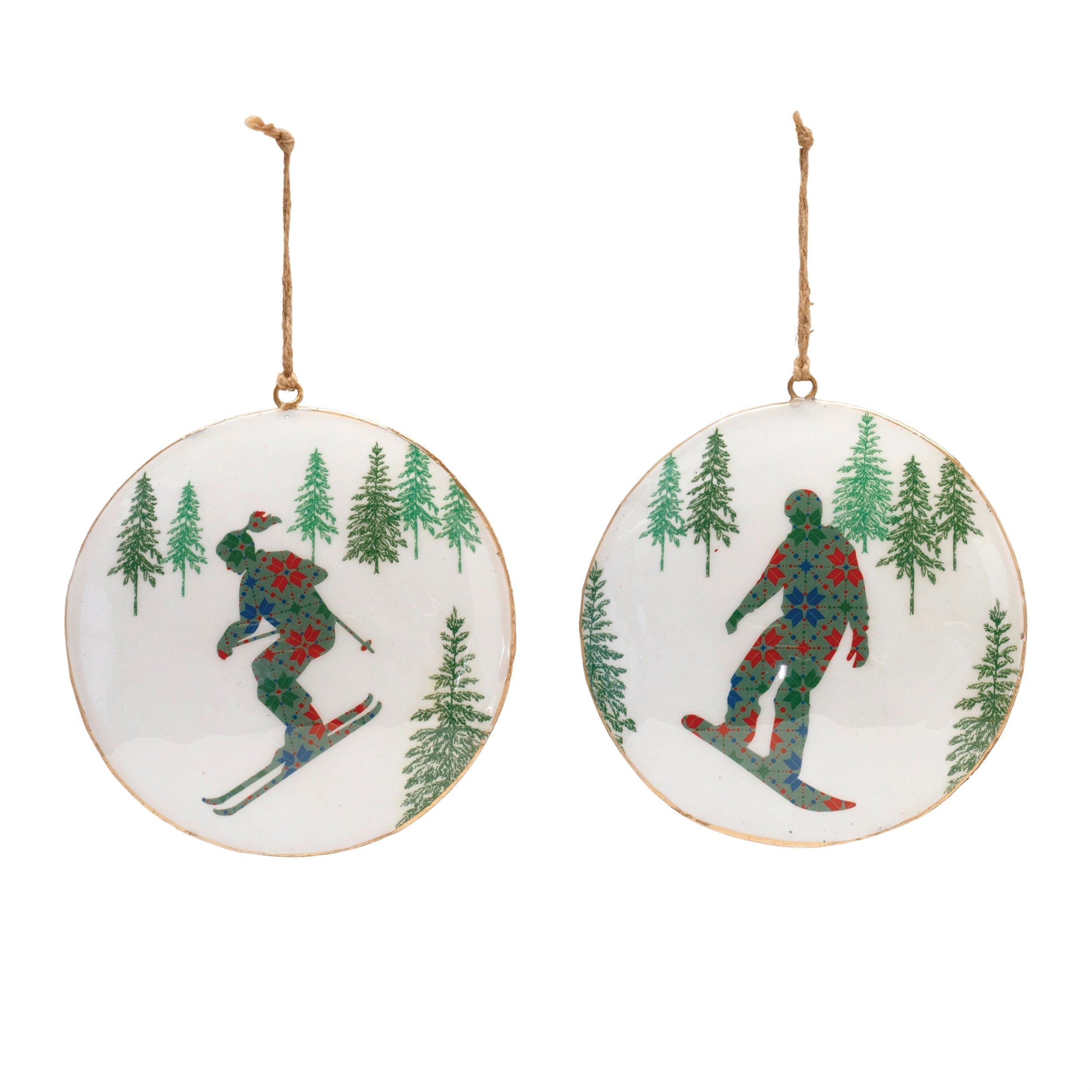 Metal Snowboard Forest Disc Ornament (Set of 6)