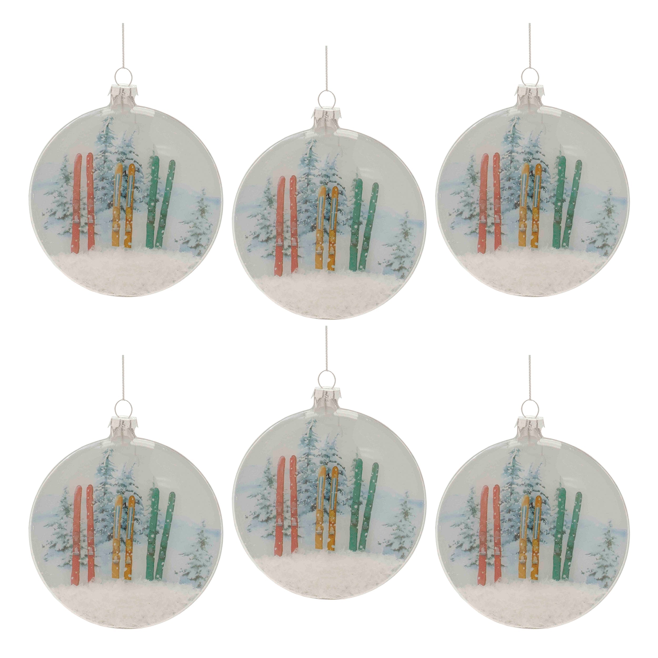 Glass Ski and Snow Disc Ornament (Set of 6)