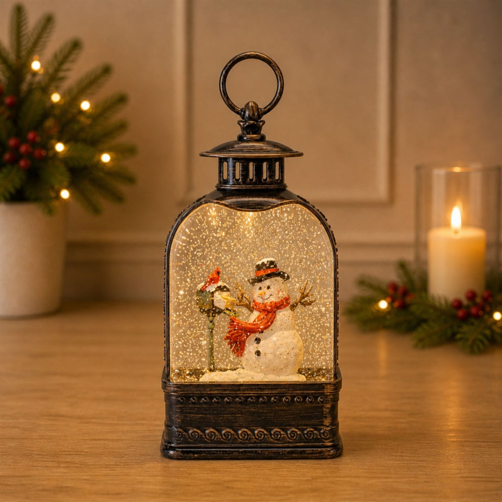 LED Snow Globe with Snowman and Cardinals 9.75"H