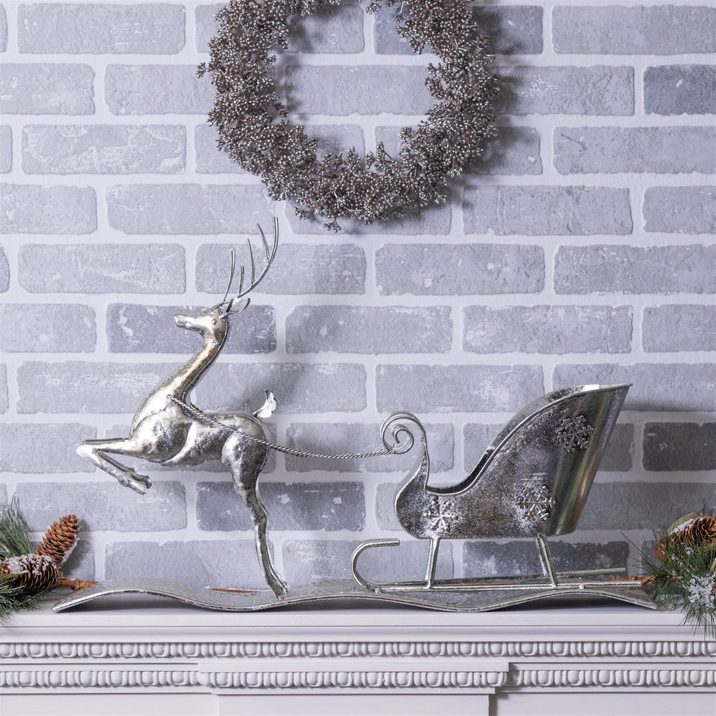Hammered Metal Reindeer with Sleigh 25.5"L