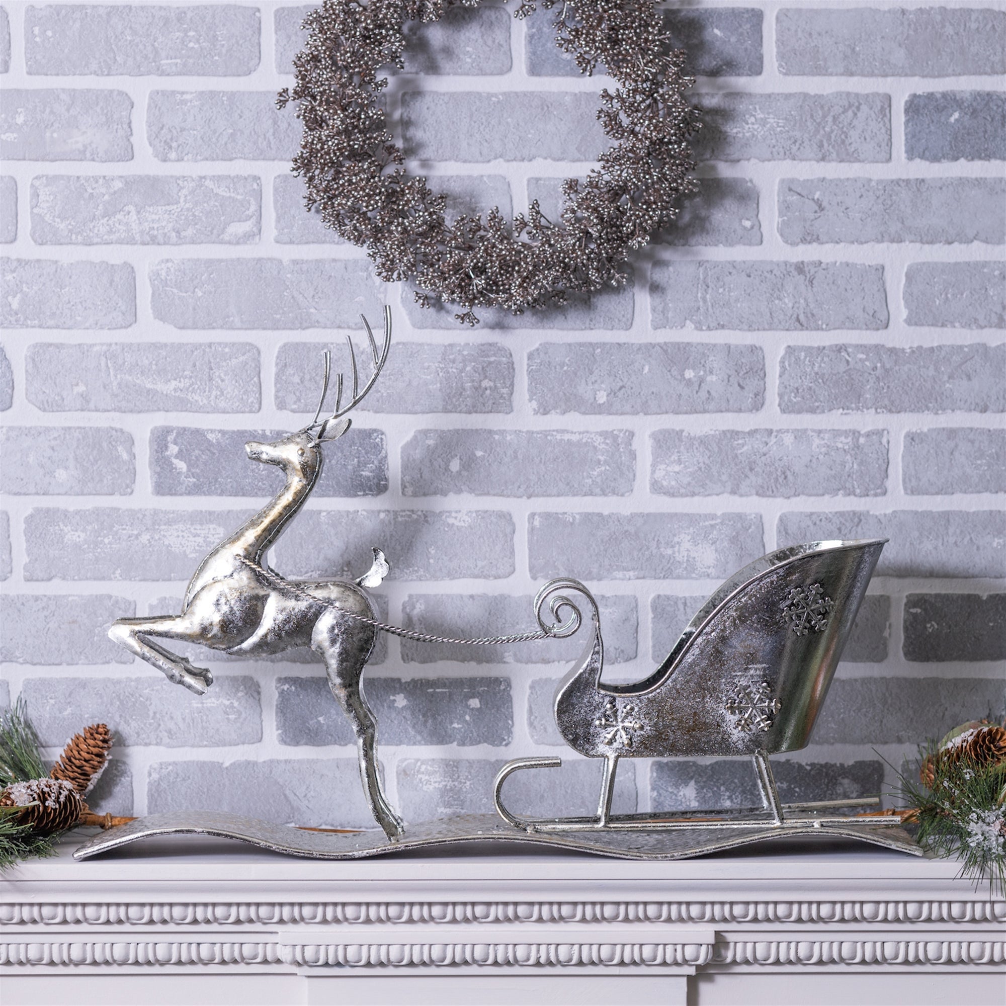 Hammered Metal Reindeer with Sleigh 25.5"L