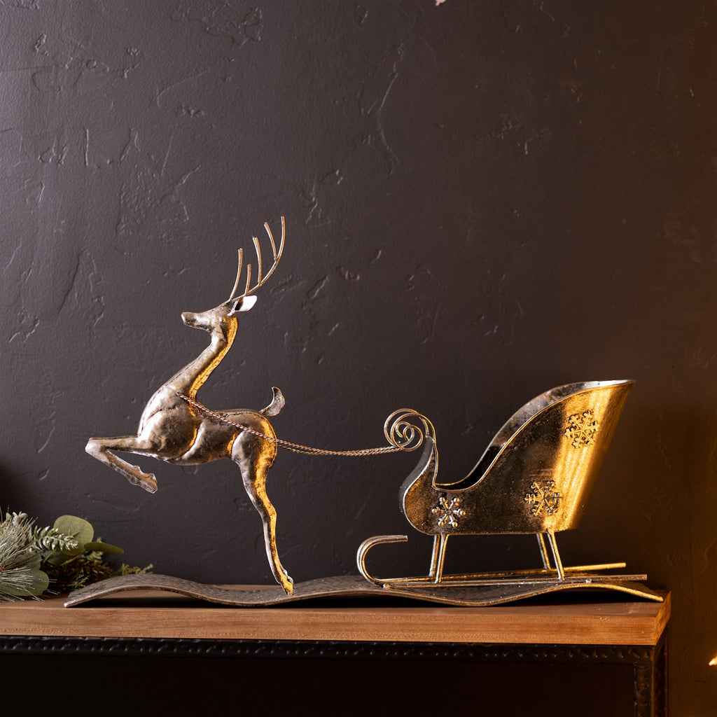 Hammered Metal Reindeer with Sleigh 25.5"L