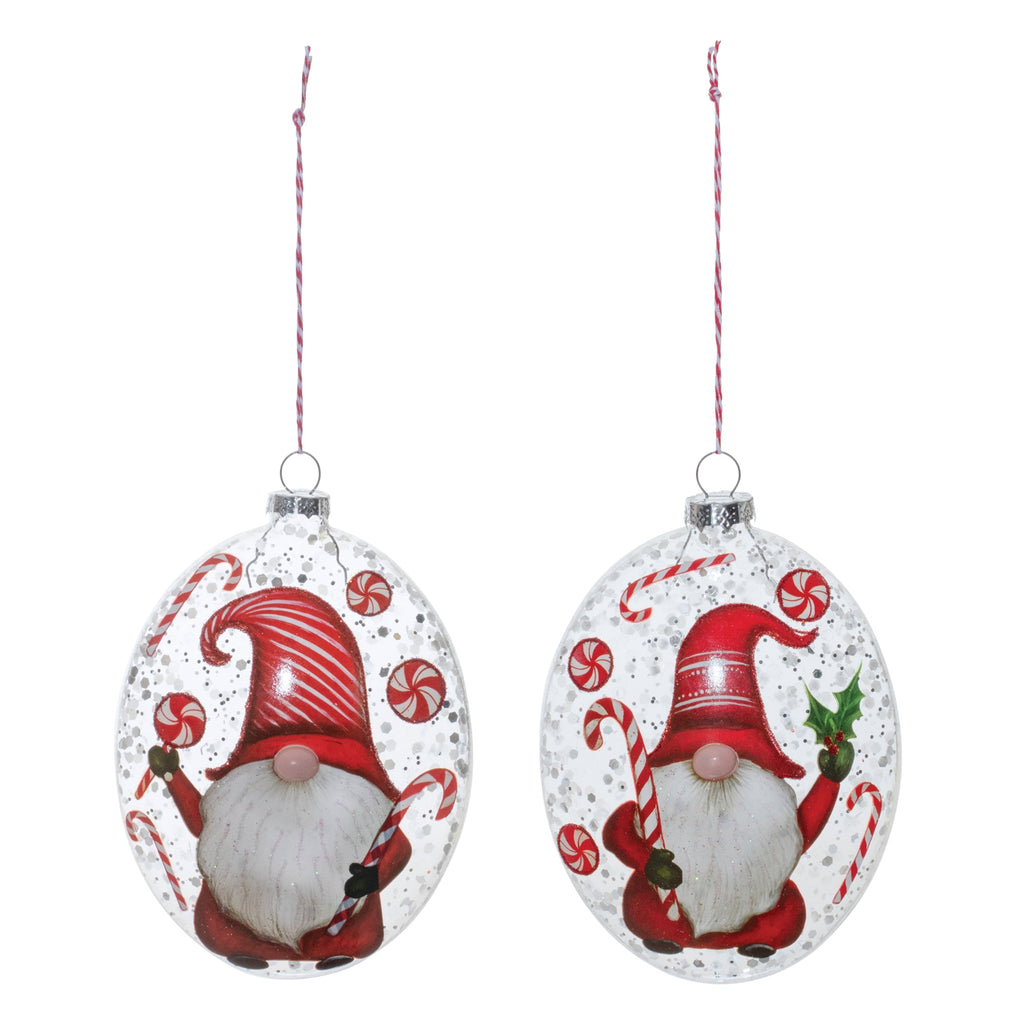 Glass Peppermint Gnome Disc Ornament (Set of 12)