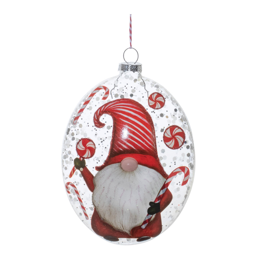 Glass Peppermint Gnome Disc Ornament (Set of 12)