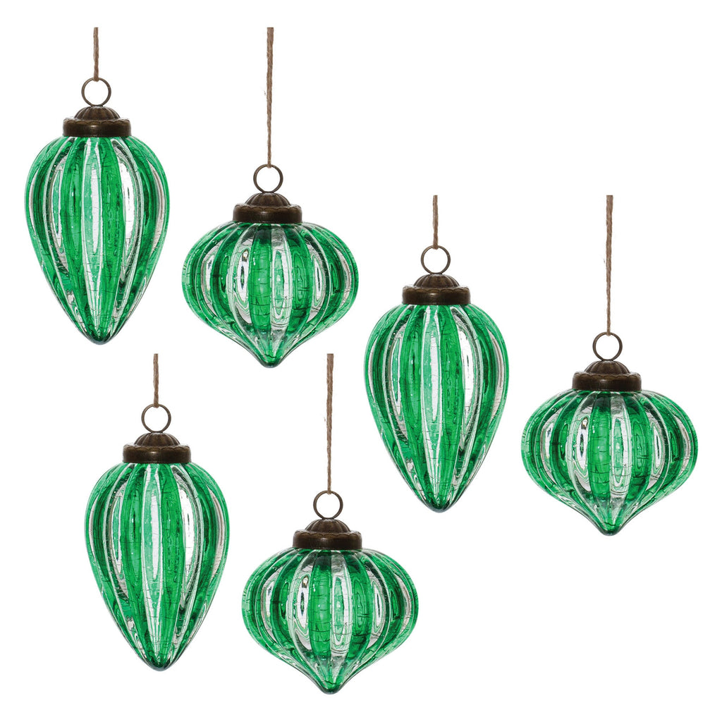 Green Ribbed Crackle Glass Ornament (Set of 6)