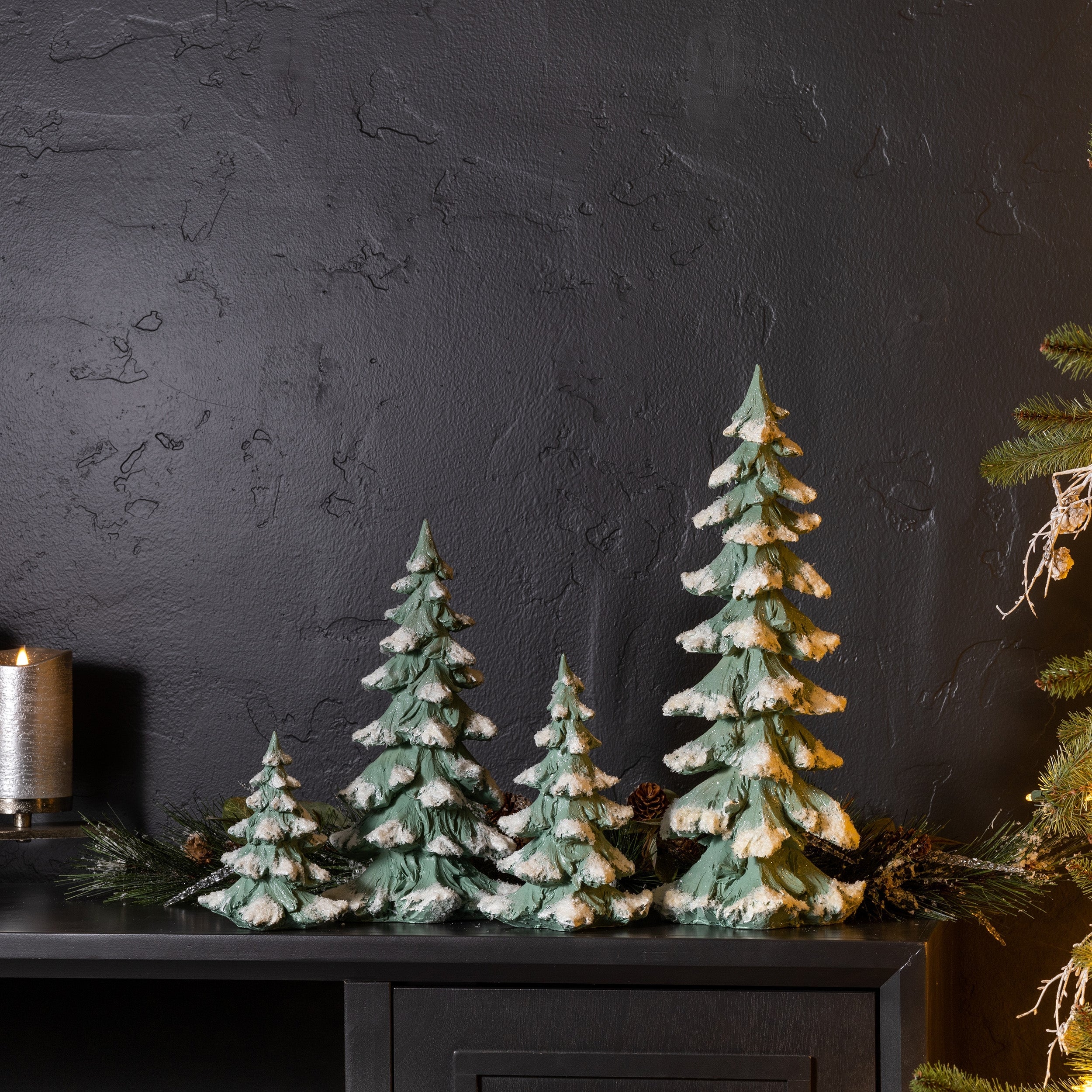 Flocked Seafoam Pine Tree with Carved Design (Set of 4)