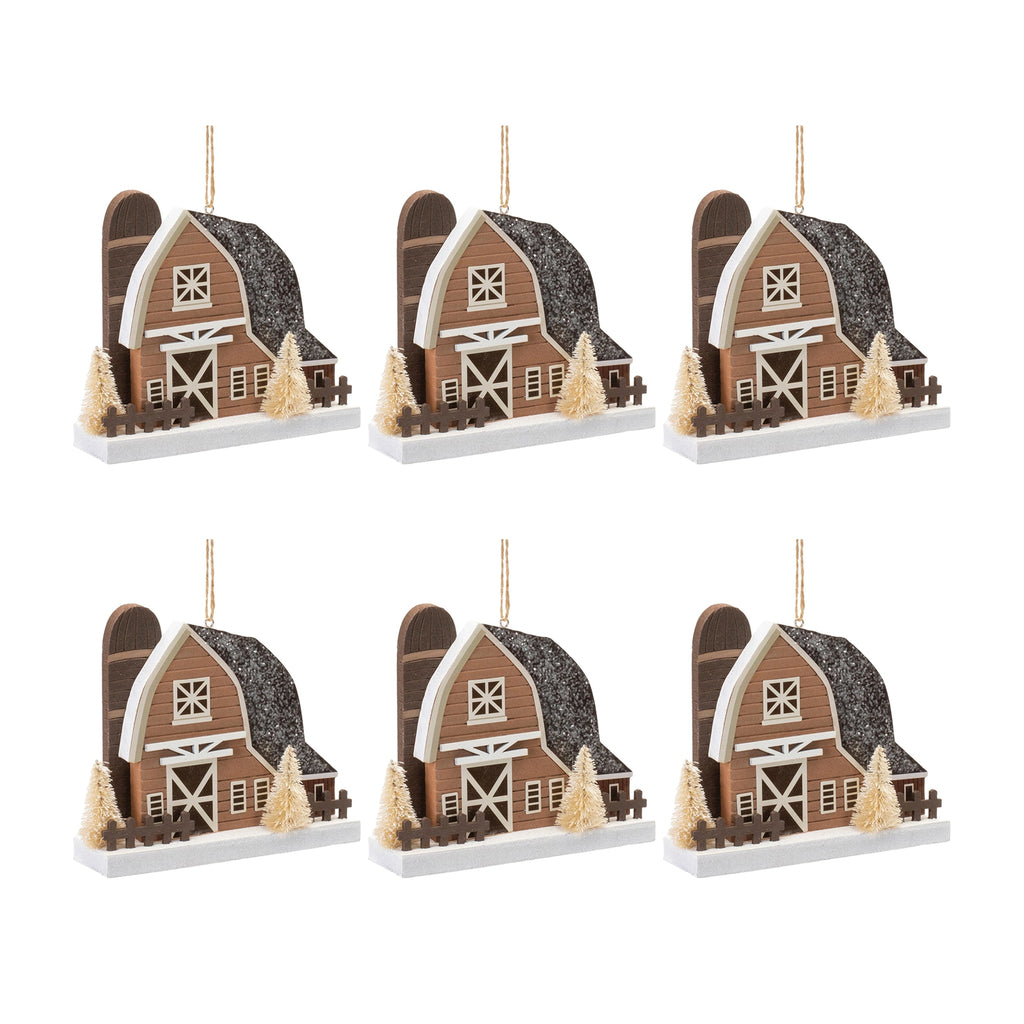 Glittered Barn Ornament (Set of 6)