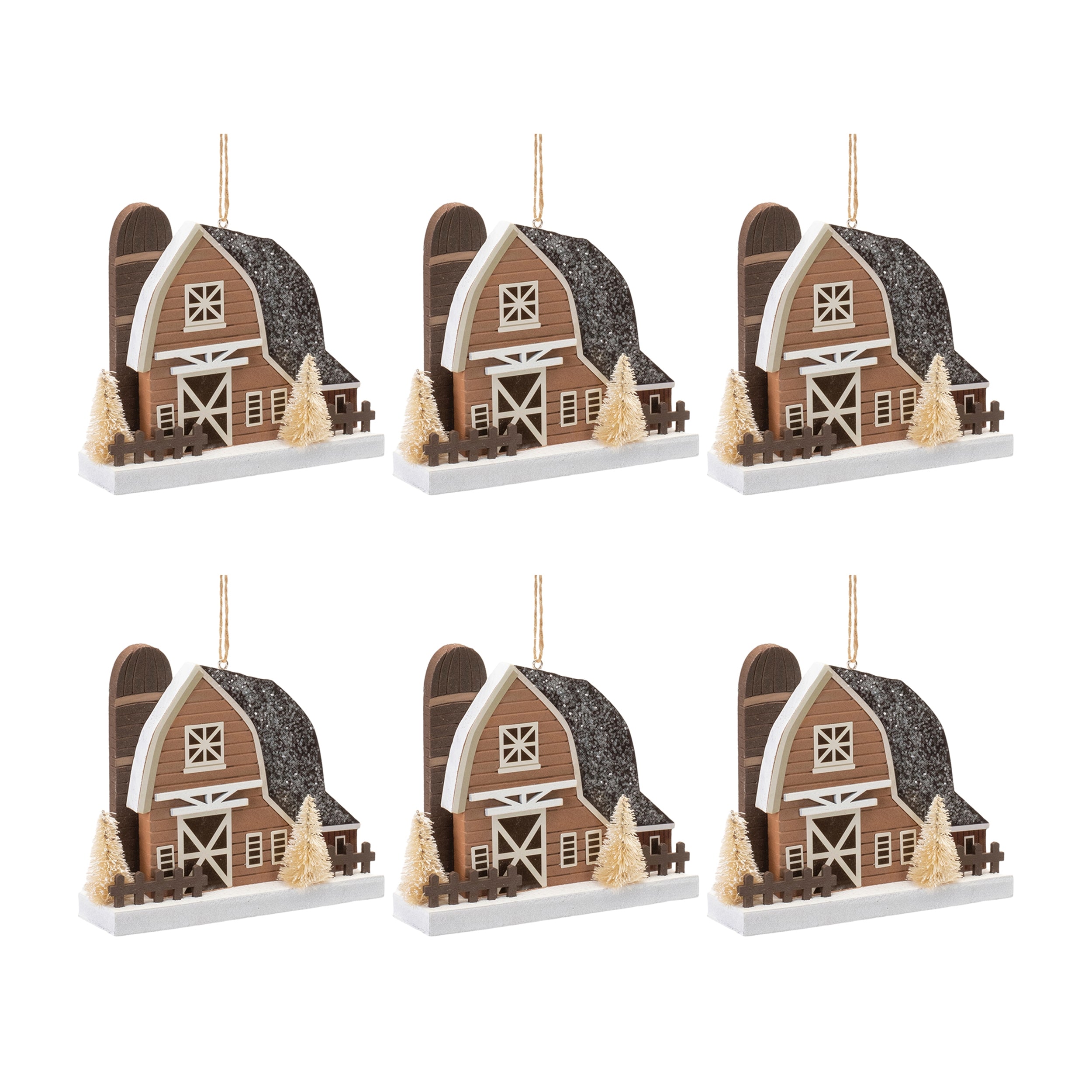 Glittered Barn Ornament (Set of 6)