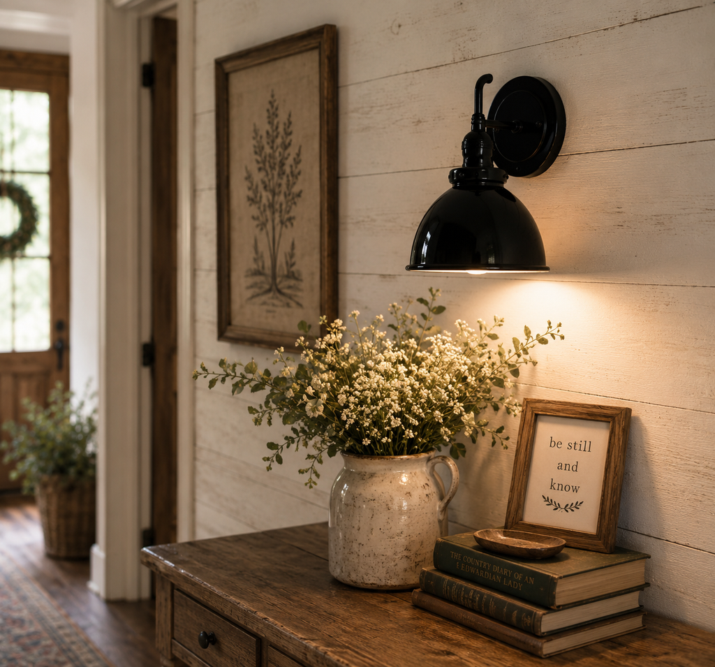 Small Black Enamel Farmhouse Wall Sconce Lighting