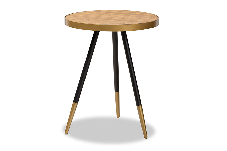 Baxton Studio Lauro Modern and Contemporary Round Walnut Wood and Metal End Table with Two-Tone Black and Gold Legs