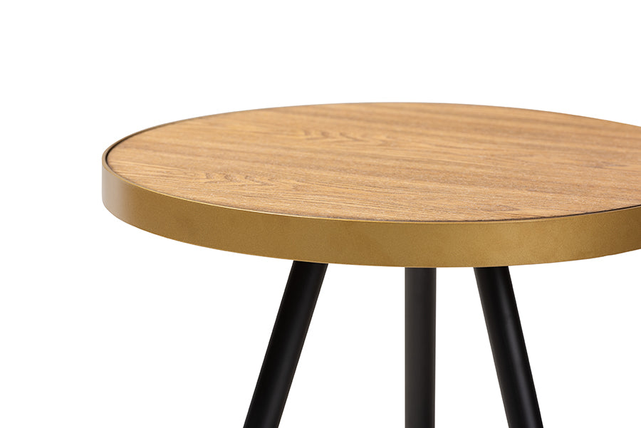 Baxton Studio Lauro Modern and Contemporary Round Walnut Wood and Metal End Table with Two-Tone Black and Gold Legs
