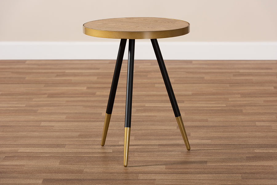 Baxton Studio Lauro Modern and Contemporary Round Walnut Wood and Metal End Table with Two-Tone Black and Gold Legs