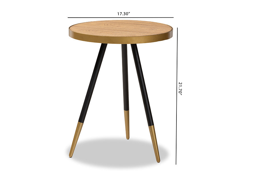 Baxton Studio Lauro Modern and Contemporary Round Walnut Wood and Metal End Table with Two-Tone Black and Gold Legs